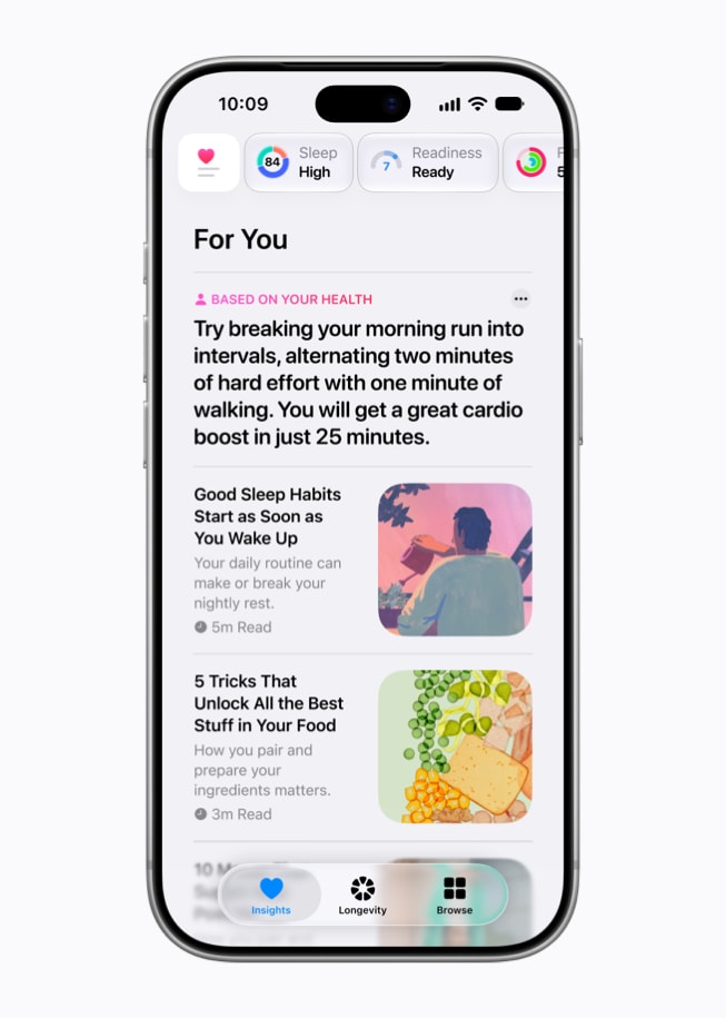 Recomendaciones personalizadas “Para ti” en la nueva app Salud (Imagen: Apple)