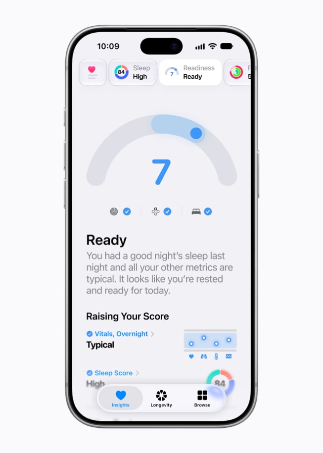 Puntuación de Disposición (Readiness) en la app Salud (Imagen: Apple)