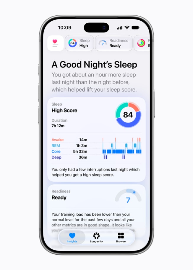 Pestaña Resumen de la nueva app Salud con la puntuación de sueño (Imagen: Apple)